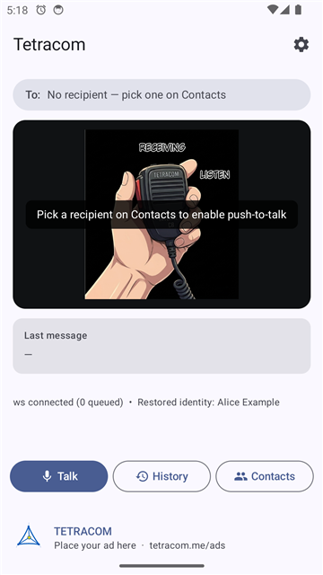 Tetracom Talk screen — recipient chip, split-mic microphone graphic, quote card of the last message