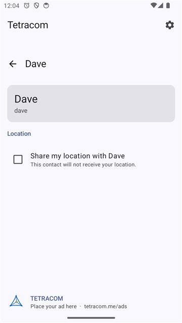 Tetracom user detail screen — per-contact settings including share-my-location toggle
